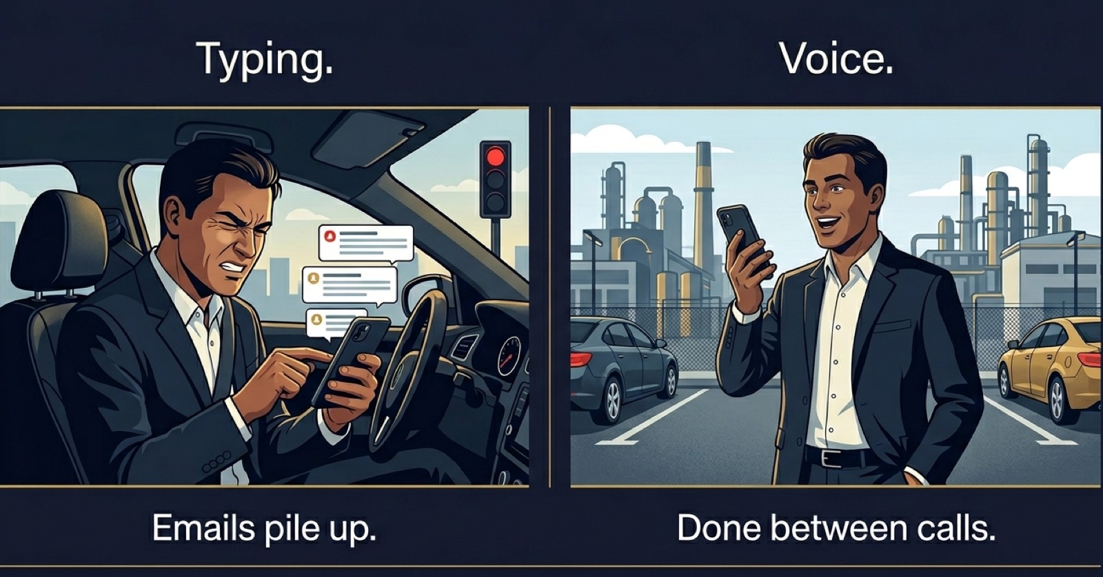 A rep typing in his car versus dictating between calls